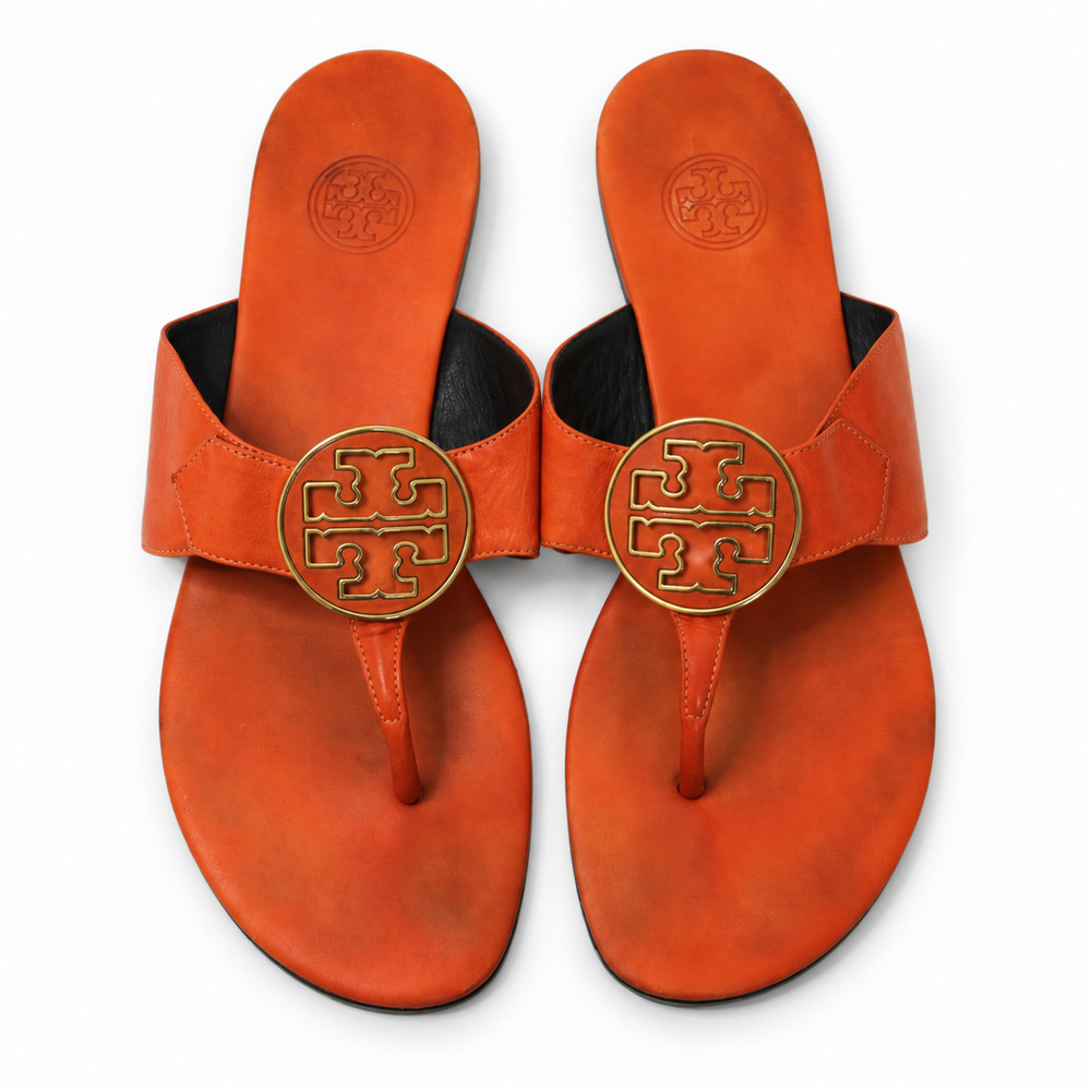 Tory Burch Orange Gold Tone Logo Thong Flat Sandals Women's Size 10 M